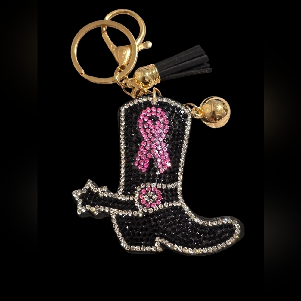 Rhinestone Breast Cancer Awareness Boot Bag Charm Keychain